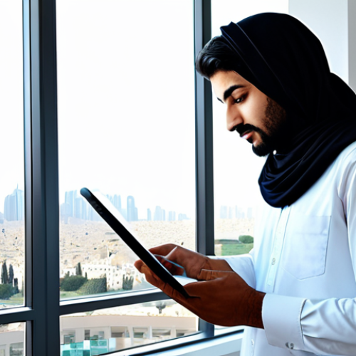 Home 8 **
"A professional Arab graphic designer, fully clothed in modest, modern office attire, working on a digital tablet in a bright, contemporary studio with Arabic calligraphy art on the walls. The studio has large windows overlooking a cityscape with iconic landmarks. Safe for work, appropriate content, perfect anatomy, correct proportions, well-formed hands, natural pose, professional, family-friendly."
**