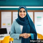 컴퓨터그래픽스운용기능사 자격증 취득 후 전문 강사 도전 - A confident and inspiring Arab female graphic design trainer, elegantly dressed in modest, modern at...