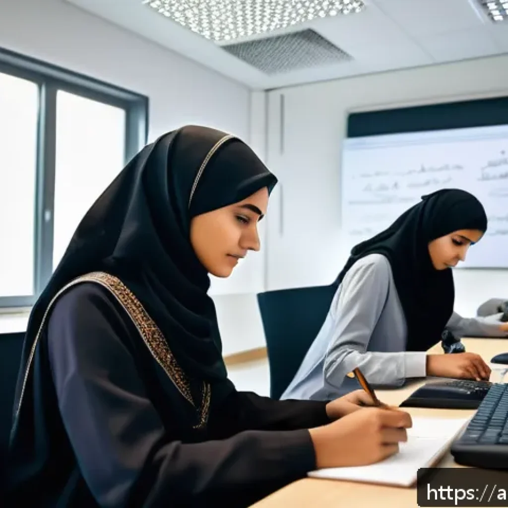 컴퓨터그래픽스운용기능사 자격증 취득 전 확인사항 - A detailed classroom scene set in a modern Middle Eastern design institute, showing a diverse group ...