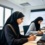 컴퓨터그래픽스운용기능사 자격증 취득 전 확인사항 - A detailed classroom scene set in a modern Middle Eastern design institute, showing a diverse group ...