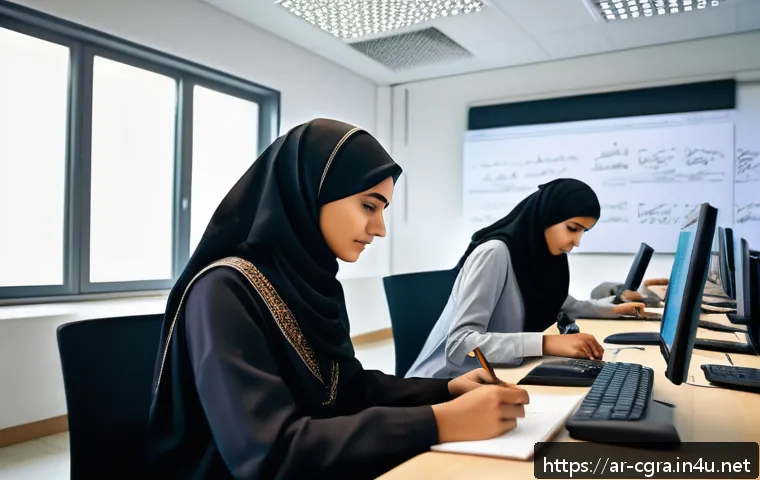 컴퓨터그래픽스운용기능사 자격증 취득 전 확인사항 - A detailed classroom scene set in a modern Middle Eastern design institute, showing a diverse group ...