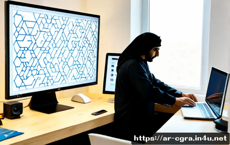 컴퓨터그래픽스운용기능사와 웹디자인의 차이점 - Photorealistic split workspace comparison in a modern Arabic creative studio: left side a computer g...