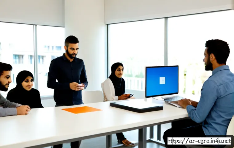 컴퓨터그래픽스운용기능사 스터디 그룹 만드는 방법 - Photorealistic wide shot of a small Arabic computer graphics study group meeting in a bright modern ...