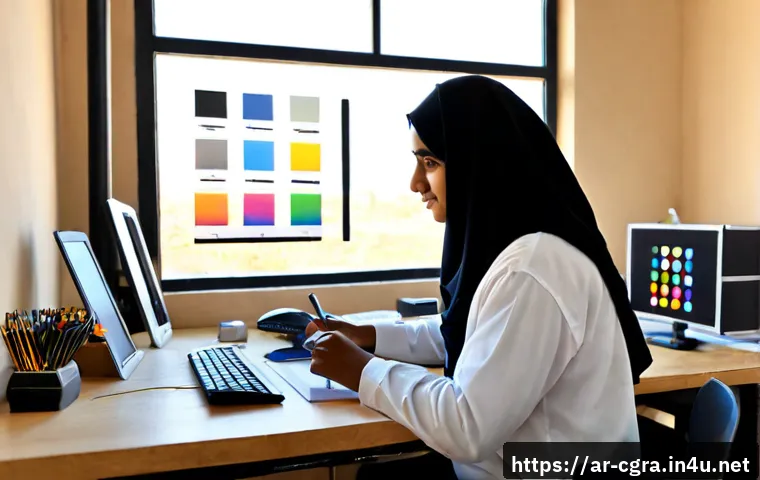 컴퓨터그래픽스운용기능사 자격증 실기 작업 순서 - Photorealistic wide-angle view of an Arab graphic design student in modest casual clothing organizin...